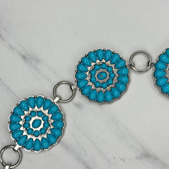 Chunky Blue Studded Concho Silver Chain Belt XS/Small (XS/S) Western Statement ✨ - Picture 8 of 10